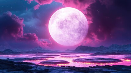 Landscape of alien planet with glowing oceanic and craters concept. A mystical landscape under a vibrant pink moonlight.