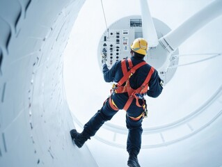 A wind turbine technician performing maintenance at high altitude. Featuring clean energy innovation