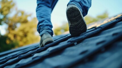 Roofer inspecting roof condition at a construction site. Featuring attention to detail and focus