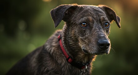 Dog Portrait with Red Collar Looking to the Side Outdoor