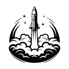 Obraz premium Silhouette Rocket Launching Through Clouds with Stars and Circular Black on White