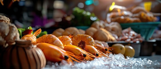 Fresh prawns on ice at a market stall
