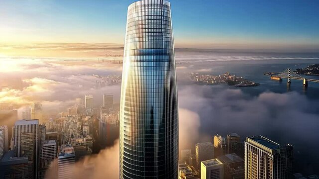 Aerial view of Salesforce Tower rising above the fog in San Francisco at sunrise, Aerial view Salesforce Tower skyscraper San Francisco USA