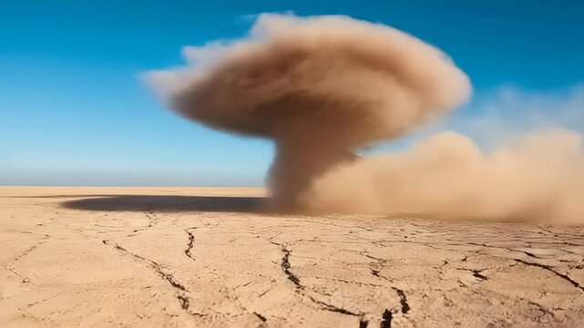 A massive dust devil swirls across a cracked desert landscape under a vibrant blue sky, concept for environmental disaster photography and climate change awareness