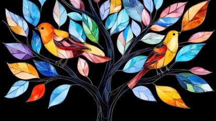 Fototapeta premium Colorful Birds on Vibrant Leafy Tree