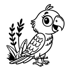 Black and white parrot vector outline illustration with simple background