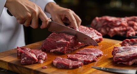 Preparing pieces of Qurban meat for distribution on Eid al-Adha