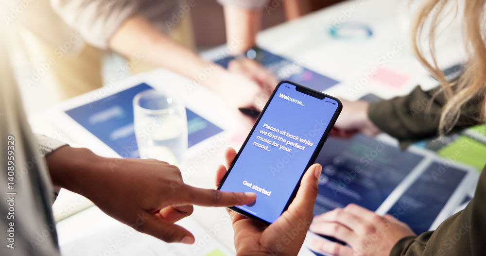 Poster phone screen, business person and hands on app for music software, ui development or test. mobile, t