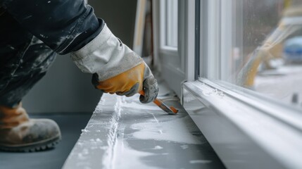 A construction worker sealing windows with caulking. Featuring detail and weatherproofing