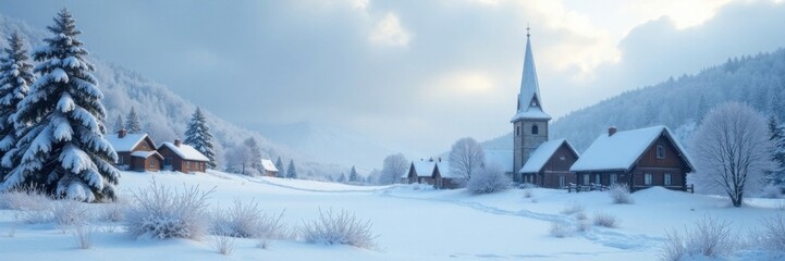 Snow-covered village with tiny houses and a frozen church steeple under a cloudy sky, cozy, snowy village, snowflakes