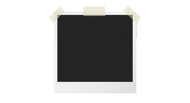 Isolated polaroid frame with black center and tape attached on a black background for photo display color full paper texture transparent background