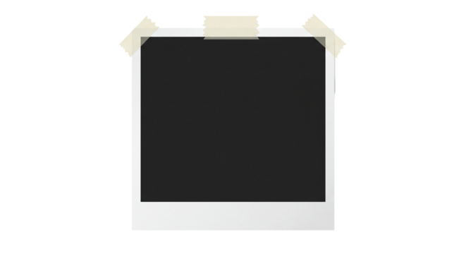 Isolated polaroid frame with black center and tape attached on a black background for photo display color full paper texture transparent background