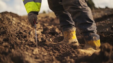 A construction worker testing soil compaction with a soil probe. Featuring testing and measurement