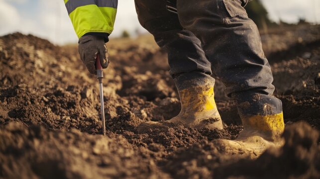 A construction worker testing soil compaction with a soil probe. Featuring testing and measurement