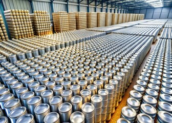 Fototapeta premium Overhead view: rows of pristine white tin cans stacked high in a food processing warehouse.