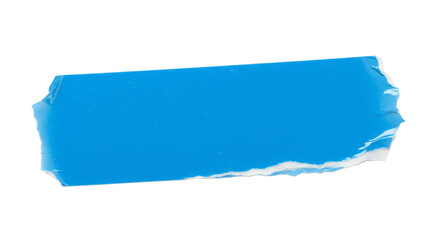 A single piece of blue torn tape isolated on a black background with rough edges and white backing...