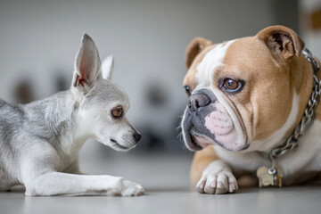 Fototapeta premium Chihuahua dog staring at Bulldog