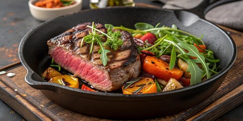 Sizzling Grilled Steak with Roasted Vegetables and Fresh Herbs in Cast Iron Pan