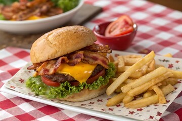Juicy Bacon Cheeseburger with Crispy French Fries on a Red and White Checkered Tablecloth