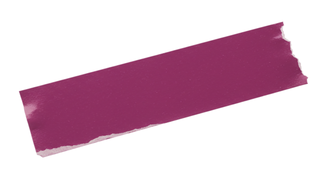 A piece of purple tape with torn edges isolated on a black background in a diagonal position color full paper texture transparent background