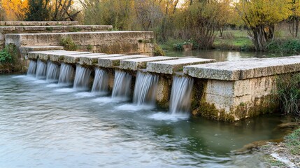 Stone water channels cascading through a serene river landscape