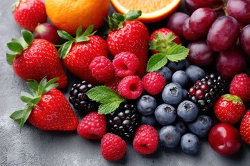 Obraz premium Fresh s, oranges, raspberries, and blueberries displayed beautifully on a table, Hello Summer background.
