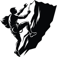 Rock Climber Silhouette, Black and White Climbing Cliff Illustration, Adventure Sport Man