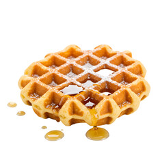 Delicious Waffle with Powdered Sugar and Syrup on White Background