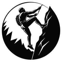 Silhouette of Rock Climber Ascending Cliff With Rope In Circle With Laurel Wreath