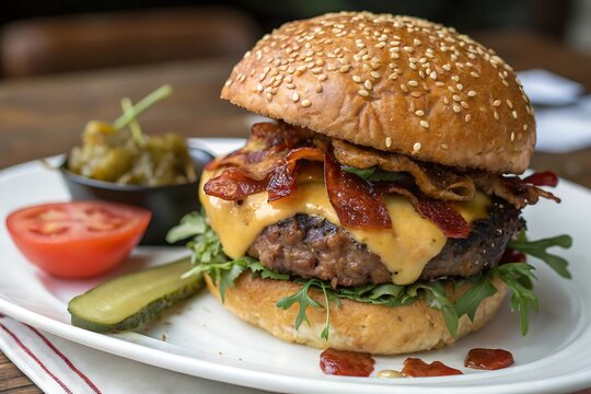 Juicy Bacon Cheeseburger with Sesame Seed Bun and Fresh Toppings