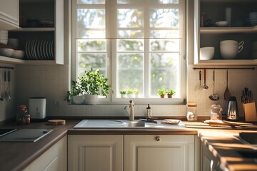 Tidy kitchen empty countertops awaiting preparation of meal natural light filters through window creating warm welcoming environment scene detailed every item place ready the cooking process to begin