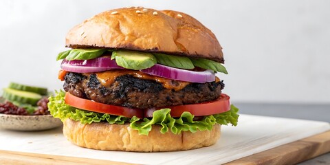 Delicious Gourmet Veggie Burger with Avocado Red Onion Tomato and Lettuce on a Sesame Seed Bun