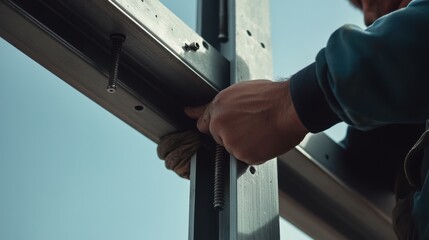 Naklejka premium A construction worker tightening bolts on metal structures. Featuring precision and mechanical work