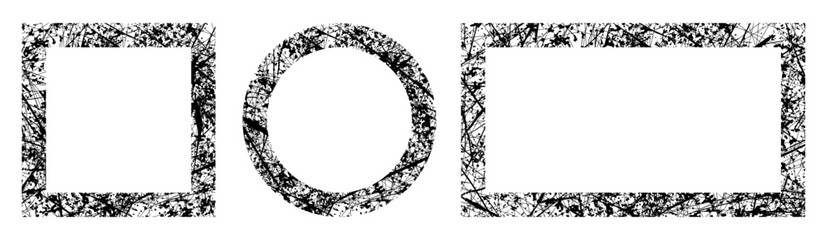 Grunge textured round, square and rectangle frame, black messy scratches or blots isolated on white. Vector clipart for aged or distressed or grimy with paint or ink effect, creative and art design.