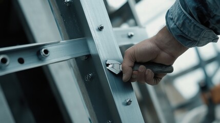 Naklejka premium A construction worker tightening nuts and bolts on a steel structure at a job site. Featuring precision and skill