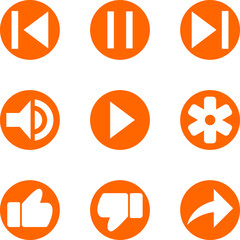 a grid of nine orange icons vector. They include standard controls like play, pause, volume, and a share arrow, potentially for controlling audio or video content.
