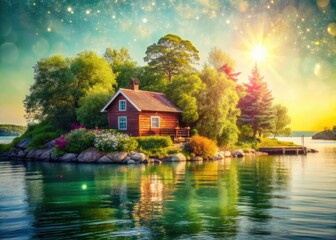 Obraz premium Picturesque island home, a waterside haven offering a charming vintage retreat.