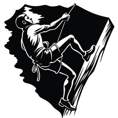 Monochrome Silhouette of a Climber Ascending a Jagged Cliff with Rope and Gear
