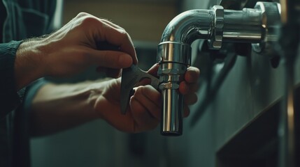 A construction worker tightening pipes in a plumbing installation. Featuring technical skill and focus