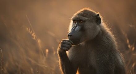 Contemplative Baboon Pondering in Golden Light at Dusk