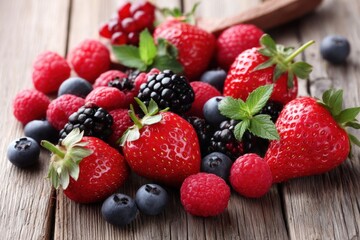 Obraz premium A close-up view of fresh strawberries and blueberries on a rustic wooden table, Hello Summer background.