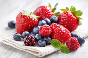 Obraz premium A collection of various berries resting on a napkin atop a table, Hello Summer background.