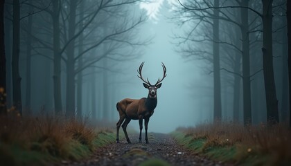 Majestic Deer Stands Alone on a Misty Path Through Dark Forest Trees