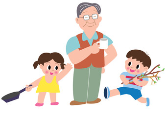 キャンプでコーヒーカップを持つお父さんと子供たち
