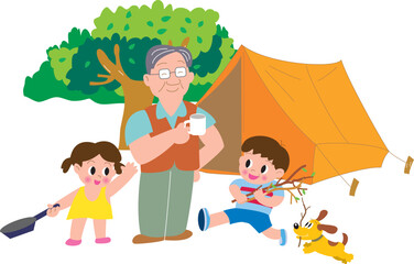 キャンプでコーヒーカップを持つお父さんと子供たち
