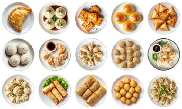 An Exquisite Array of Dim Sum Delicacies Featuring Dumplings, Buns, and Pastries Served in Elegant Plates for a Culinary Experience. Piquant food set.