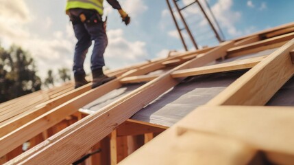 Roofing technician inspecting roof structure for repairs. Featuring thoroughness and attention to detail