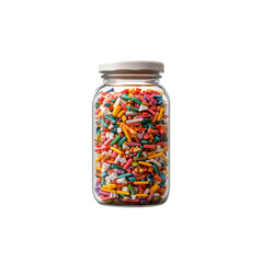 A glass jar filled with colorful sprinkles in various shapes and sizes.