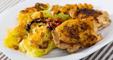 Delicious roasted chicken thighs with boiled chickpeas, cabbage and two sauces