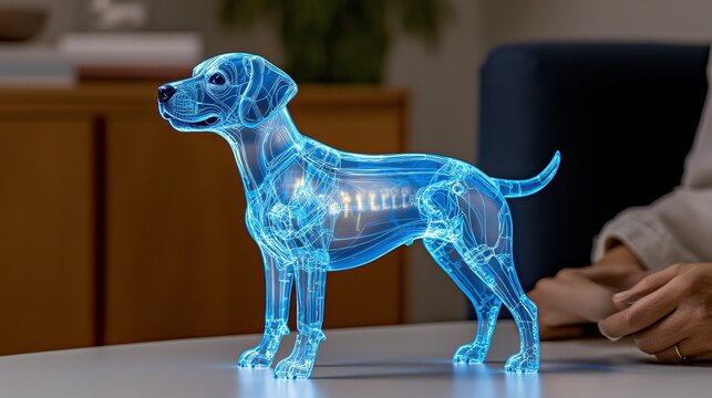 Glowing Blue Digital Dog Model on Table with Blurred Human Hand